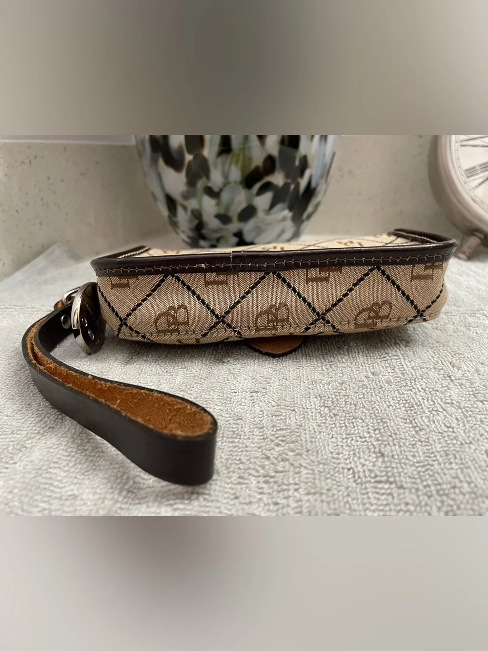 Vintage Dooney & Bourke Beige Canvas Wristlet with Dark Brown Trim